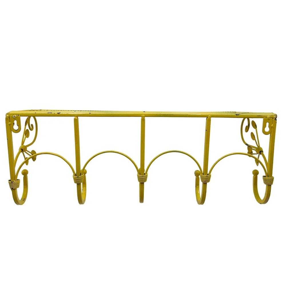 VTG Yellow Metal Leaf Scroll Wire Mesh Wall Shelf 5 Hooks Entryway Towel Rackl